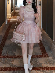 Hnewly  Summer Pink Kawaii Lolita Dress Women Mini Puff Sleeve Beach Casual Elegant Fairy Dress Print Korea Cute Party Dress Female