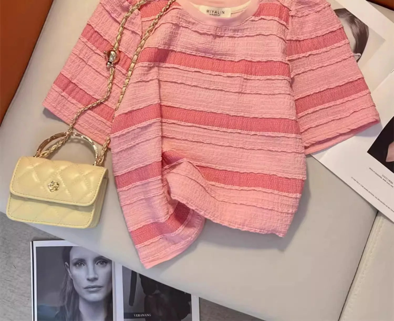 Hnewly  Pink Striped T-shirt Women's Sweet Dopamine  Korean Style Short Top Classic Round Neck Versatile Short Sleeved Tee