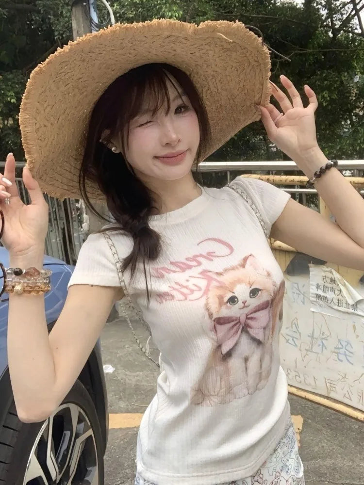 Hnewly  Sweet T Shirts Women Cartoon Cat Printed Short Sleeve Summer Fashion Sexy Stretch Slim Y2k Tops Female Casual Tshirt