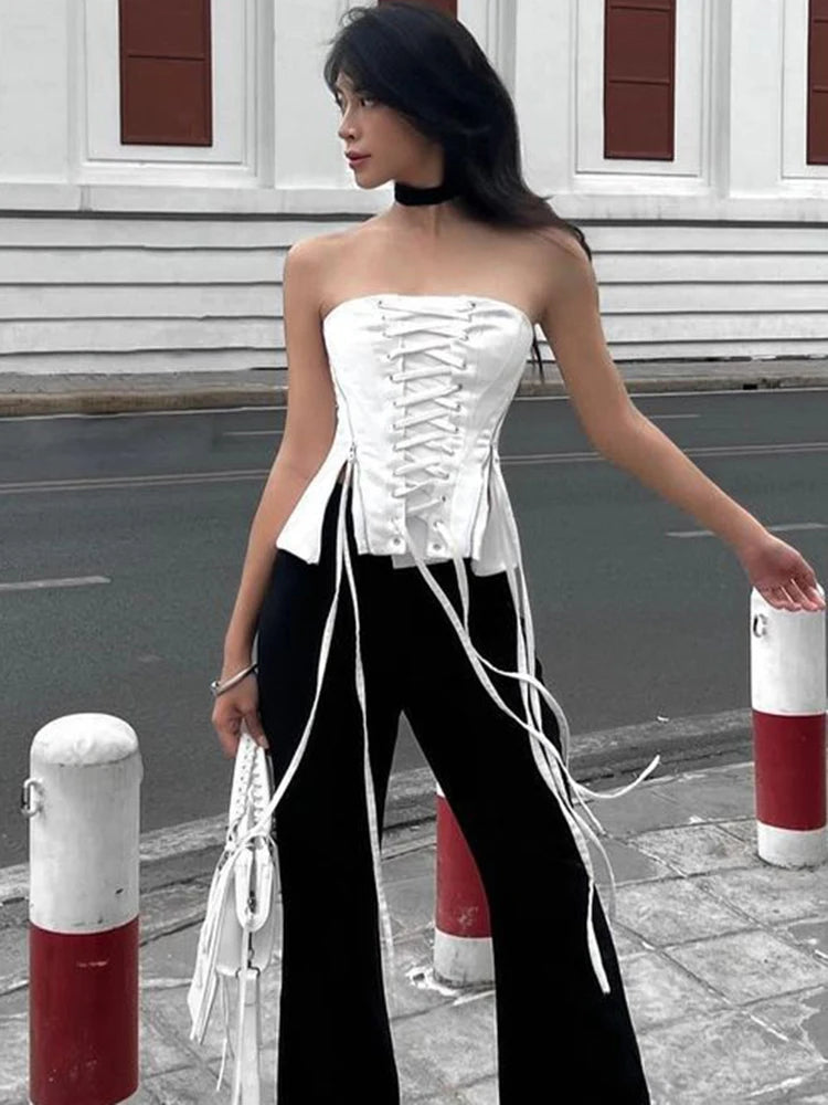 Hnewly Streetwear Lace -up Bandage Corset Bodycone Off Shoulder Chic Aesthetic Y2K Crop Top Women Korean Summer Bustiers Camis