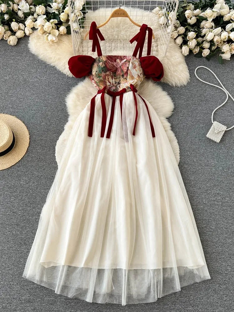 Hnewly France Vintage Bow Mesh Wedding Runway Party Dresses Women Summer Fashion Elegant Strap Graduation Evening Vestidos Ladies Robe