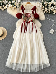 Hnewly France Vintage Bow Mesh Wedding Runway Party Dresses Women Summer Fashion Elegant Strap Graduation Evening Vestidos Ladies Robe
