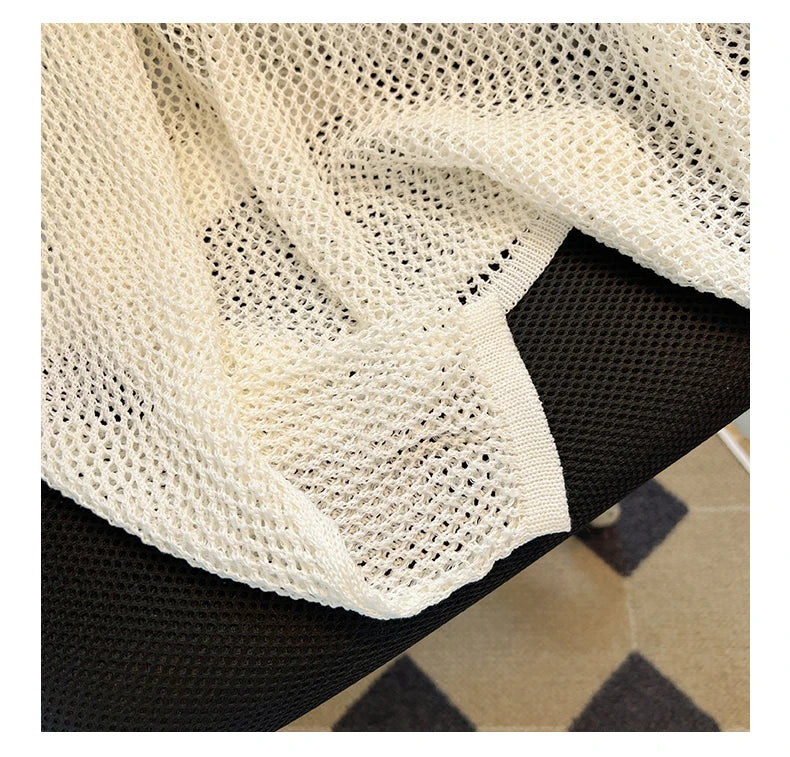 Hnewly Black White Striped Ice Silk Knitted Sweater Women Long Sleeved Loose Lazy Style Mesh Pullover Spicy Girl Hollow Out Top