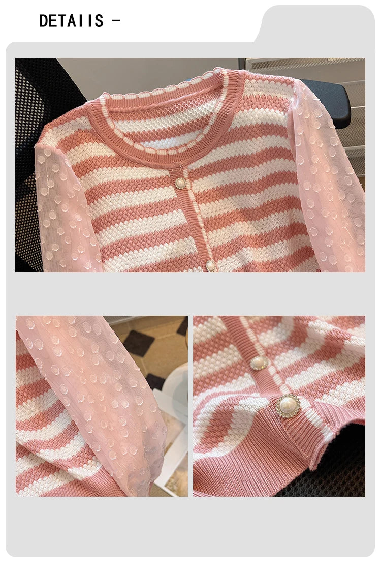 Hnewly  Striped knitted Sweater For Women's Spring Autumn French Elegant Round Neck Long Sleeved Patchwork Chiffon Loose All-Matched Top