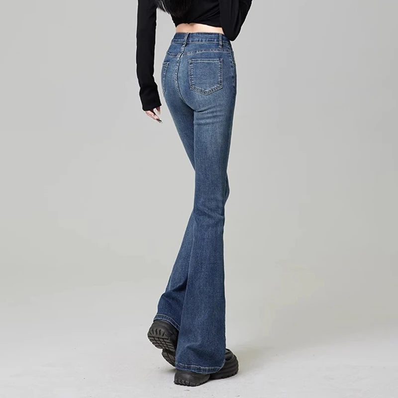 Hnewly Women Vintage High Street Bell Bottom Jeans Lady Sexy Slim Fit Denim Flare Pants Deep Blue Light Blue Black Blue Gray Trousers