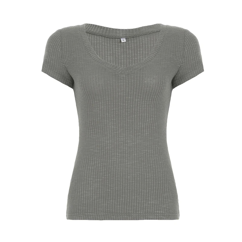 Hnewly Solid Slim-fitting Knitted Crop Top Micro-transparent T-shirt Smock Women Sexy Short Sleeve V-neck Tees Shirt Y2k Vintage