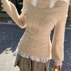 Hnewly  Korean Style Grey Sexy Sweater Women Sweet Off Shoulder V-neck Knitted Pullover Slim Up Fashion Long Sleeve Sweaters