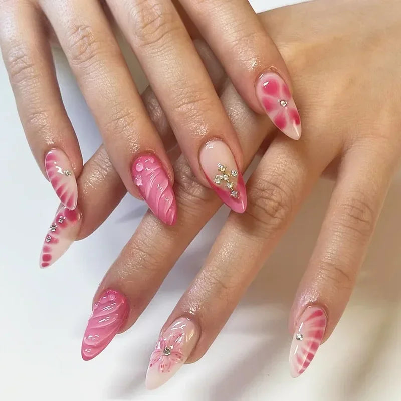 Hnewly 24Pcs Cat Eye Press on Nails with Almond Head Bow Diamond Stick on False Nail Sweet Pink French Full Cover Artificial Nails Tips