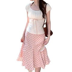 Hnewly  Summer Elegant Polka Dot Midi Skirt Short Sleeve T-Shirt Set Women's Fashion Design Sense White Cotton Blend Casual Outfit