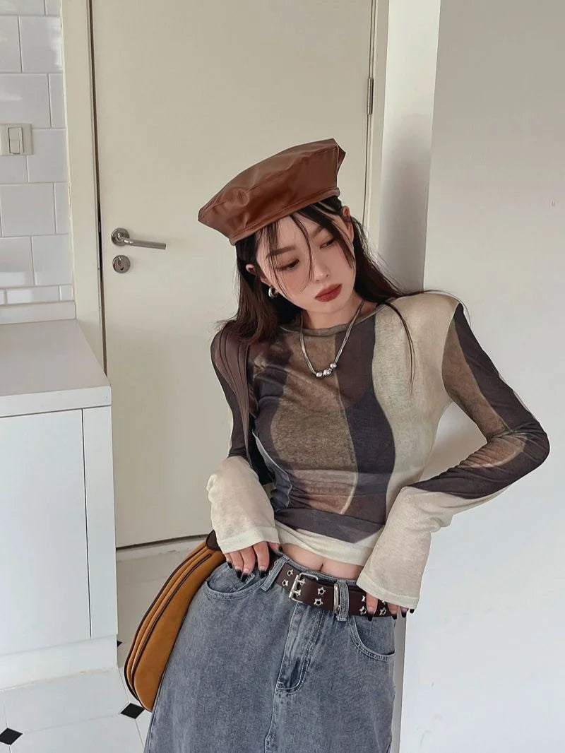 Hnewly  Top Female Tie Dye Spring Autumn Slim Women's Long Sleeve T-shirt Sexy Crop Y2k Fashion Korea Goth Cheap Clothing Sales Clothes