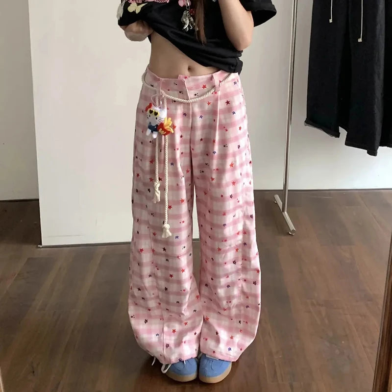 Hnewly Retro Plaid Patchwork Casual Pants Women Summer High Waist No Pendant Loose Wide Leg Pants Y2K Korean All Match Jogging Trousers