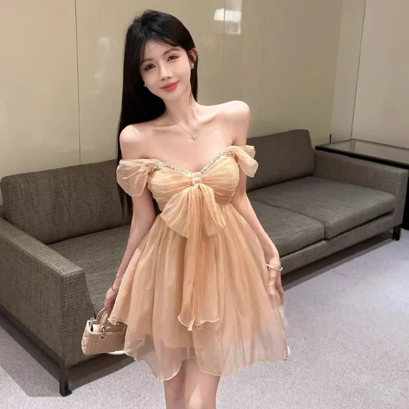 Hnewly  Mini Dresses Women Rhinestone Off Shoulder Bow Slim Backless Irregular Solid Backless Party Dress Elegant Ladies Sweet