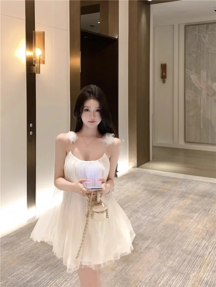 Hnewly  Woman Dress Sleeveless Slash Neck Flowers Backless French Style Chic Sweet Elegant Mini Dresses Female Casual Party
