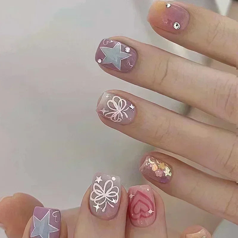 Hnewly 24pcs Detachable Short Press on Nails Y2k rhinestone False Nails with Glue Ballet Sweet Cool Girls Artificial False Nails Tips