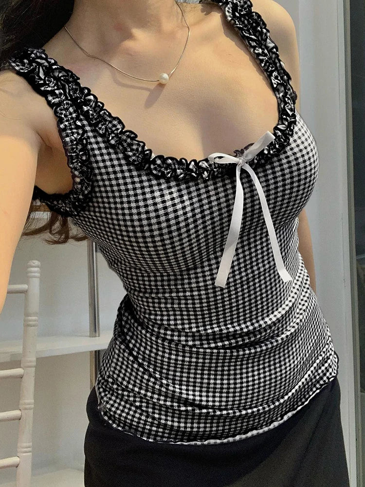 Hnewly Sweet Bow Ruffles Plaid Tank Top Slim Square Collar Sleeveless Tank Tops Women 2024 Summer Fashiion Streetwear Ladies