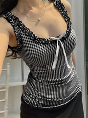 Hnewly Sweet Bow Ruffles Plaid Tank Top Slim Square Collar Sleeveless Tank Tops Women 2024 Summer Fashiion Streetwear Ladies