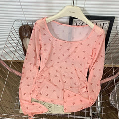 Hnewly Pink Bow Printed Long Sleeved T-shirt Women's Spring  Summer Sun Protection Top Korean Version Round Neck Slim Fit Versatile Tee