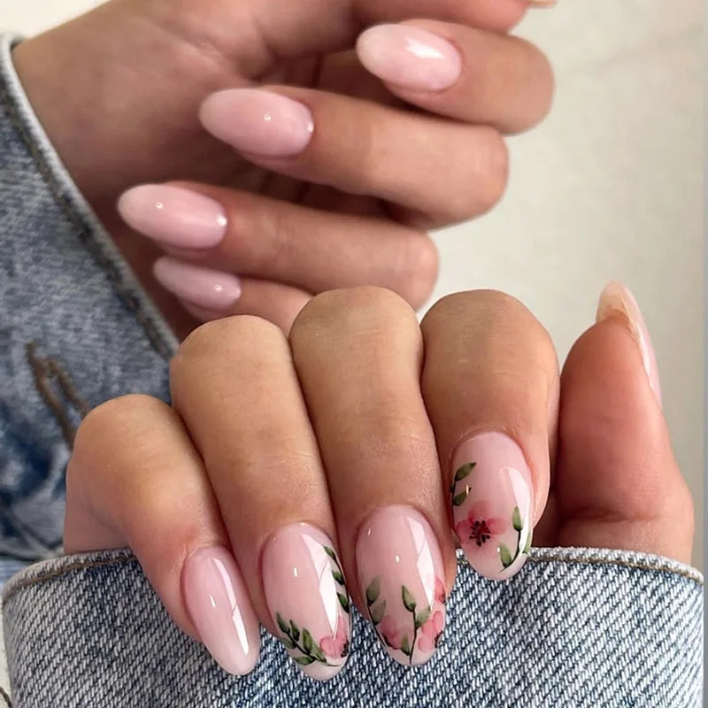 Hnewly 24Pcs Solid Color Grey Almond Fake Nail Cat's Eye Design Wearable Round Head False Nails with Shiny Powder Press on Nails