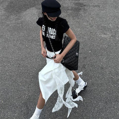 Hnewly  Korean Style Irregular Skirt Women Vintage Elegant White Ruffle Skirt Lace Patchwork Summer Layered Midi Skirts Street