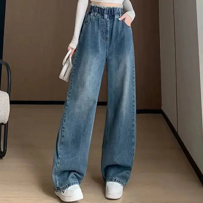 Hnewly Large Size Denim Trousers Women Trailing Straight Wide Leg Loose High Waisted Slim Lace Tassel Higher Pants