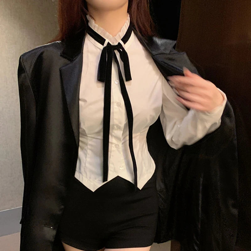 Hnewly White Shirts Women Lolita Style JK Student Pure Spring New Arrival Office Lady Slim Crop Hotsweet Trendy Long Sleeve Chic Design