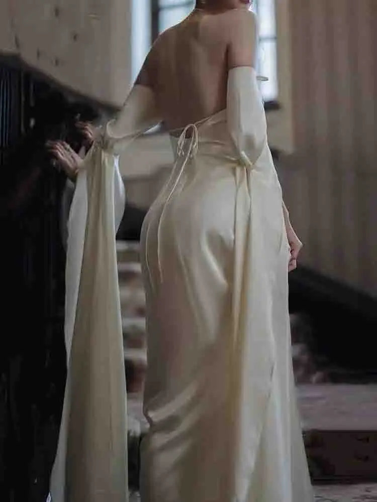 Hnewly Elegant Korean Silk Midi Dress Women Spring Vintage Backless Party Dress French Evening Casual Dress Female Design Wedding