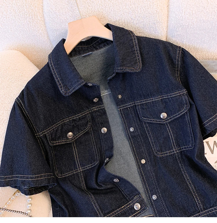 Hnewly  Deep Blue Short Sleeve Denim Jacket For Women Spring/Summer Lapel  Single Breasted Korean Loose All-Match Short Casual Top