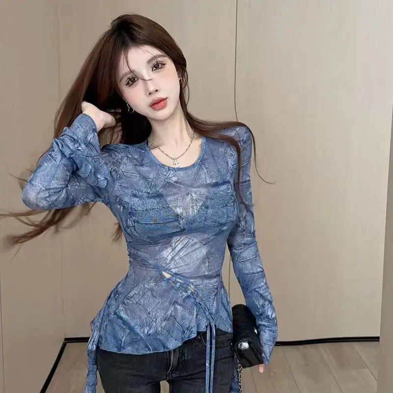 Hnewly  Elegant Sweet Mesh Long Sleeve T-shirts Y2k Slim Fit Irregular Top for Women Spring New Bottoming Blue Tee Shirt