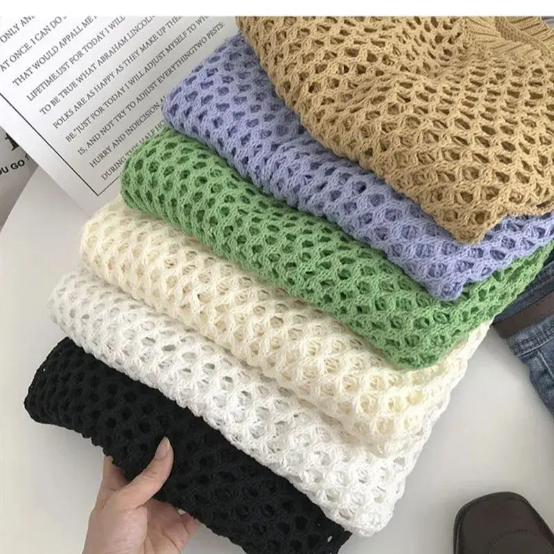 Hnewly Hollow Sun Protection Shirt Women's Summer Loose Pullover O-Neck Puff Long Sleeve Air Conditioning Knitwear Korean Retro Top