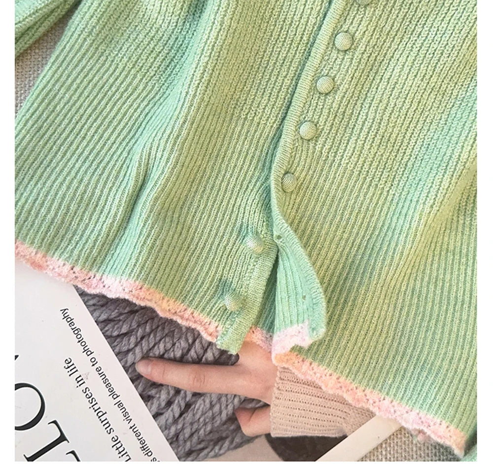 Hnewly  Flower Appliques Round Neck Knit Sweater Women's Sweet Long Sleeve 2025 Early Autumn Knitwear Loose Single Breasted Design Tops