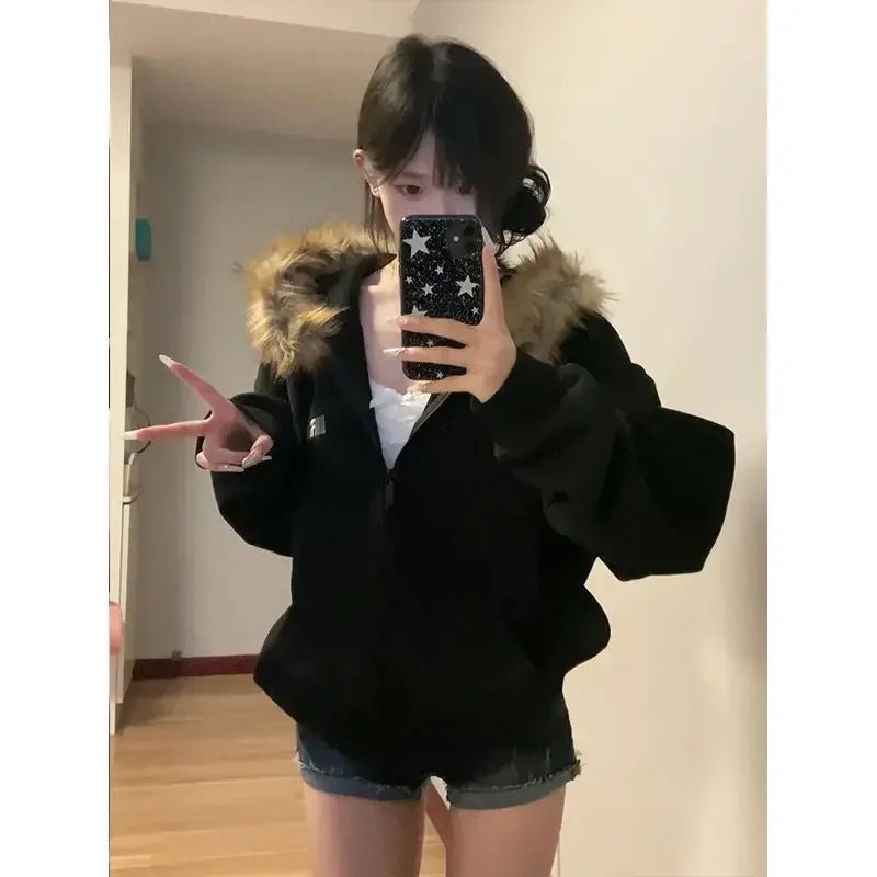 Hnewly Black Zip Up Hoodies Women Vintage Preppy Style Faux Fur Coat Korean Oversized Casual Sweatshirt Harajuku Autumn Winter