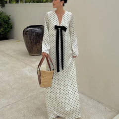 Hnewly  Bow V-Neck Printed Polka Dots Dress Women's Fashion Long Sleeves Loose Leisure Long Dress Autumn Grace Commuting Dress