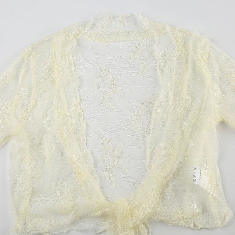 Hnewly Ruched Patchwork Lace Crop Top Chic Bandage Split Sexy Transparent Tees Smock Women Casual Y2k Clothes Ladies Elegant Tee