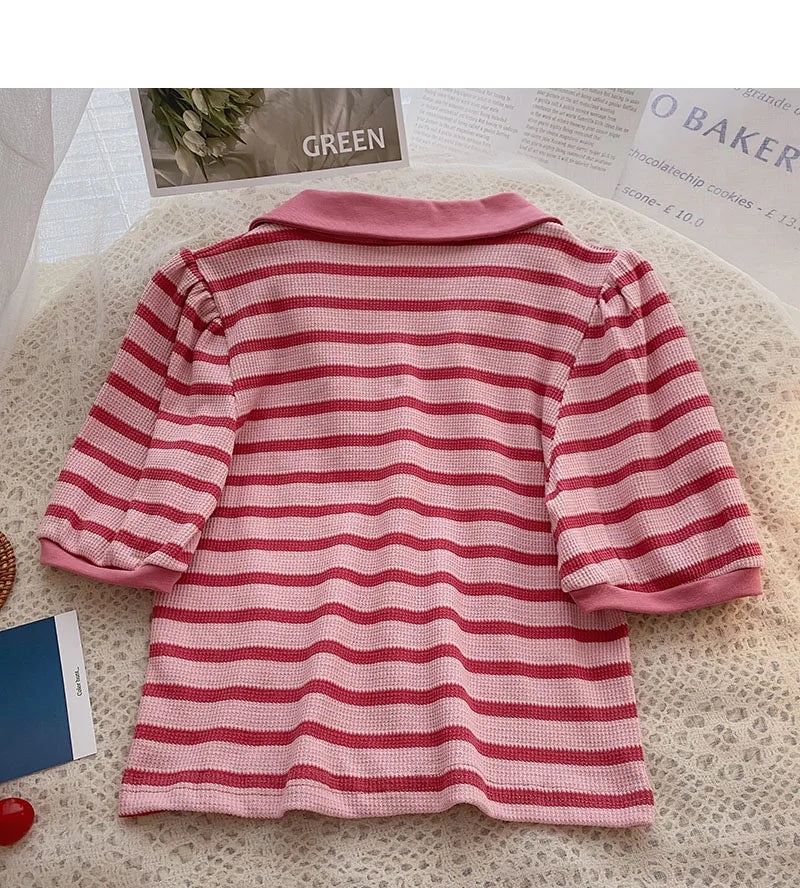Hnewly Korean Contrast Stripe T-shirt Cardigan 2025 New Summer Women's Commuting Fashion Buttons Lapel Shirt Slim Versatile Top Trend