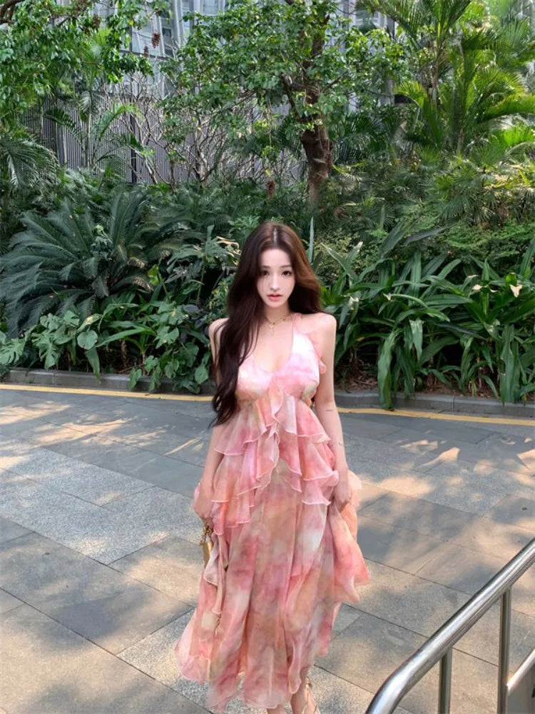 Hnewly  Dresses Women Ruffles Patchwork Sleeveless Halter Tie Dye Slim Summer Fashion Elegant Temperament Dress Party Holiday