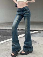 Hnewly Vintage Flare Jeans Low Rise Women Sexy Fashion Washed Jean Pants cyber Y2K Grunge Fairycore Denim Trousers Korean