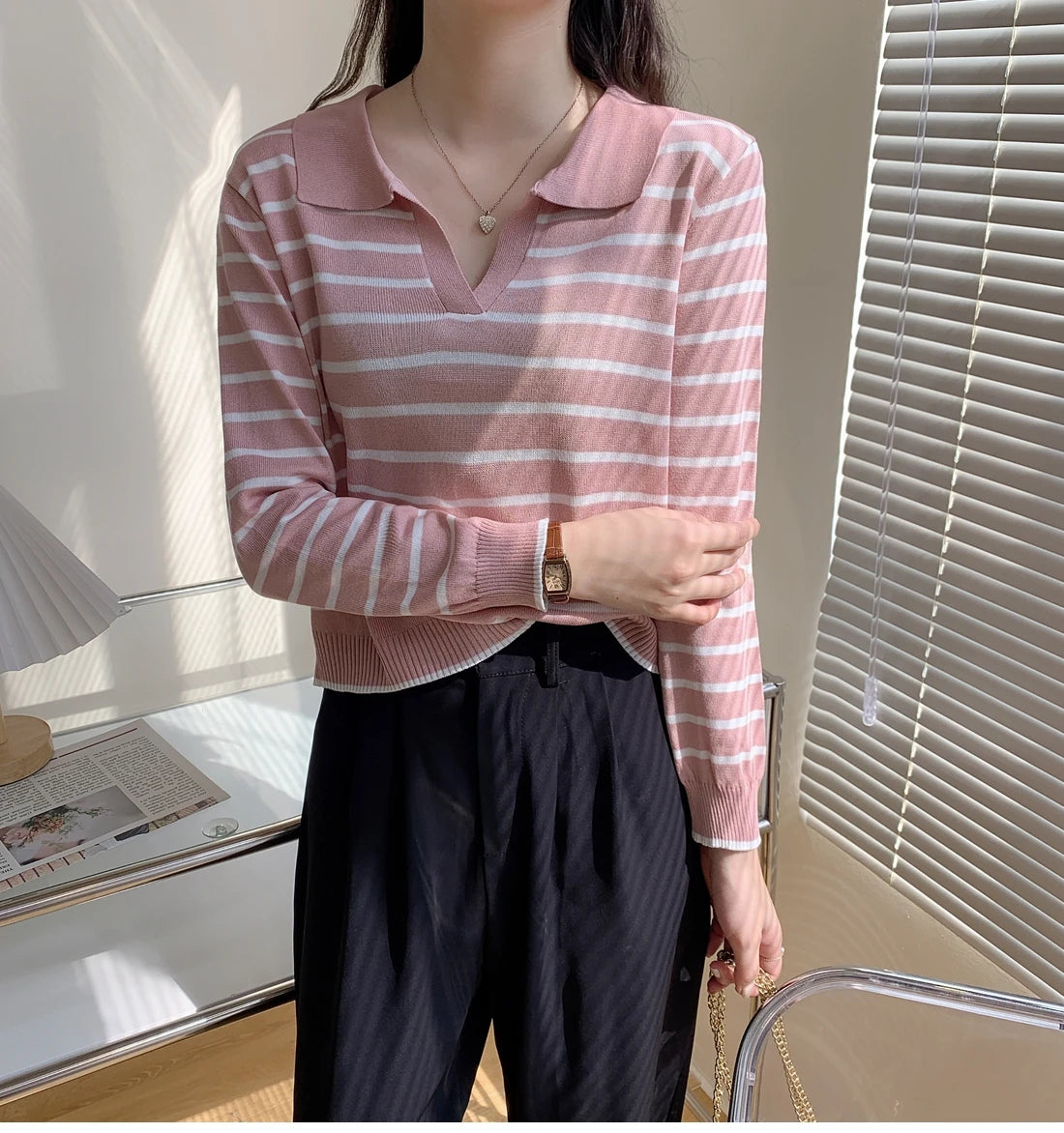 Hnewly  Striped Knit Pullover Sweater Women's Autumn 2025 New Lapel Shirt V-neck Loose Long Sleeve T-shirt Fashion Bottoming Short Top