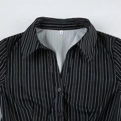 Hnewly Harajuku Striped Crop Top Women Casual Black Button Up Full Sleeve Turn-down Neck Blouse y2k Aesthetic Autumn Tee Shirts