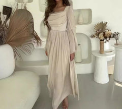 Hnewly  French Retro Style for Women Summer A-Line Skirt New Fashion Square Neck Elegant Long Sleeved Pleated High Waist Long Dress