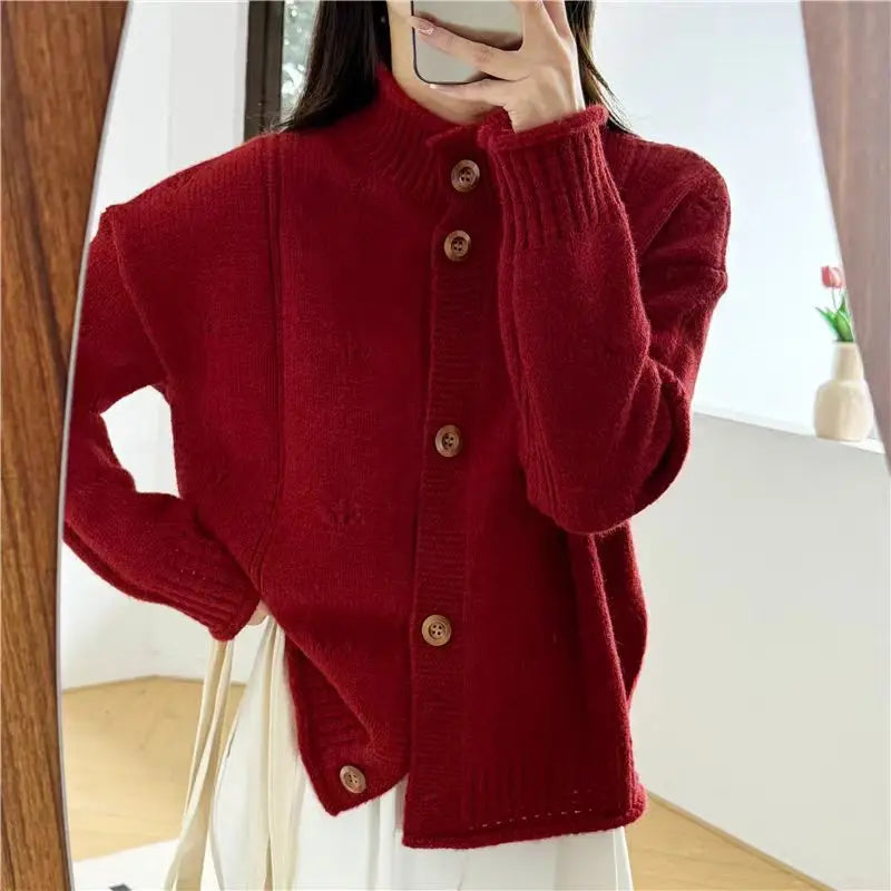 Hnewly  Women's Knit Cardigan Sweater Button-up Stand Collare Soft Woolen Pointelle Sweater Jacket Coat Korean Autumn Winter Outfit
