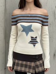 Hnewly  Harajuku Slash Neck Stripe Sweaters Grunge Vintage Women Star Jacquard Pullovers Y2k Aesthetic Sexy Knitted Bodycon Jumper