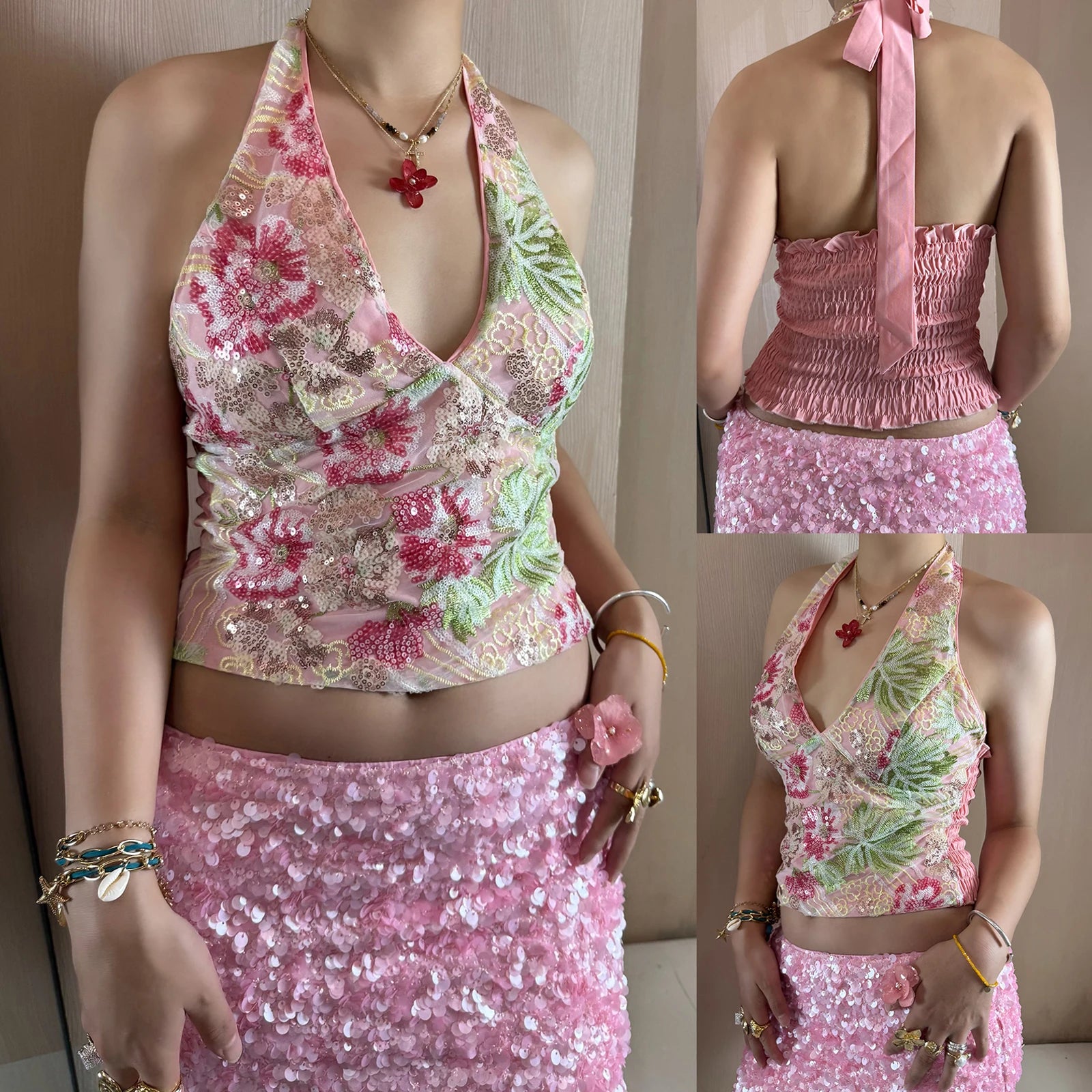 Hnewly Sequin Halter Tops y2k Women Clothes Floral Sleeveless V Neck Open Back Smocked T Shirts Vest 2000s Clothing Streetwear