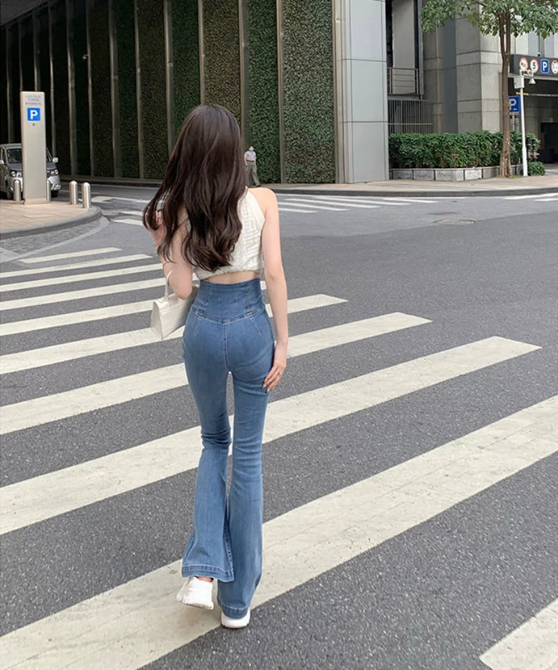 Hnewly Women's Jeans Bell Bottom Trousers Slim Fit Pants for Women Skinny Flared High Waist Shot Blue Flare Harajuku Fashion Retro Emo