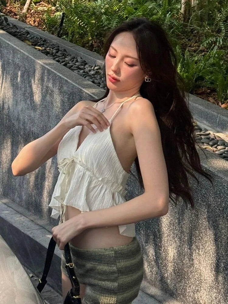 Hnewly   Sweet Ruffles Lace-Up Camisole Halter v-Neck Fungus Edge Splits Backless Sleeveless Summer Trend Versatile Mini Tops
