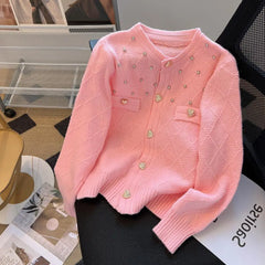 Hnewly  French Knitted Cardigan Sweater Luxury Diamond O-Neck Long Sleeve Top Women's Autumn Winter Korean Soft Comfort Coat