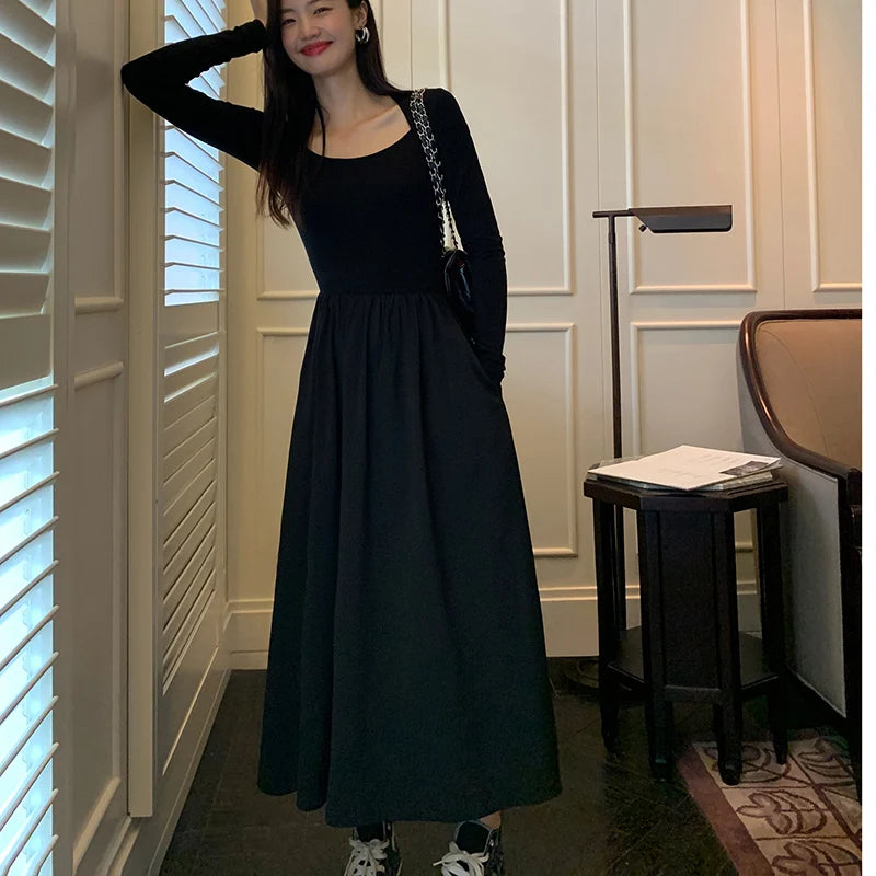 Hnewly Vintage Square Collar Maxi Wedding Dresses for Women Clothing Party Office Lady Casual Black Pockets Bodycon Midi Dress Autumn
