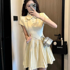 Hnewly  Korean Style  Collar Short Sleeve Dress Women's Summer Design Sweet Personality Slimming Pleated  Skirt Casual Dress