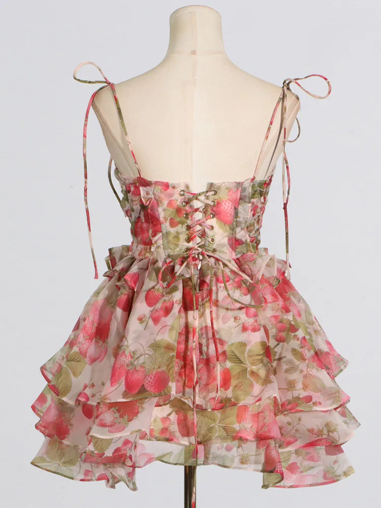 Hnewly Fashion Printed Dress Women's Sleeveless Bow Lace Up Waist Retraction A Line Dresses 2025 Summer New Tide