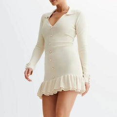 Hnewly  Elegant Black Knitted Mini Dresses Women Sweet V-neck Long Sleeve Party Dresses Sexy Bow Retro Ruffle Knitwear Dresses