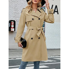 Hnewly  Women's Double Breasted Long Trench Coat, Classic Lapel V-Neck Long Sleeve Windproof Overcoat with Belt